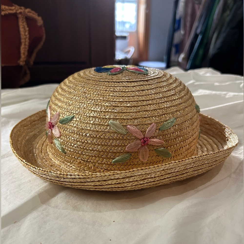 April Cornell Straw Sun Hat with Pink Floral Embroidery